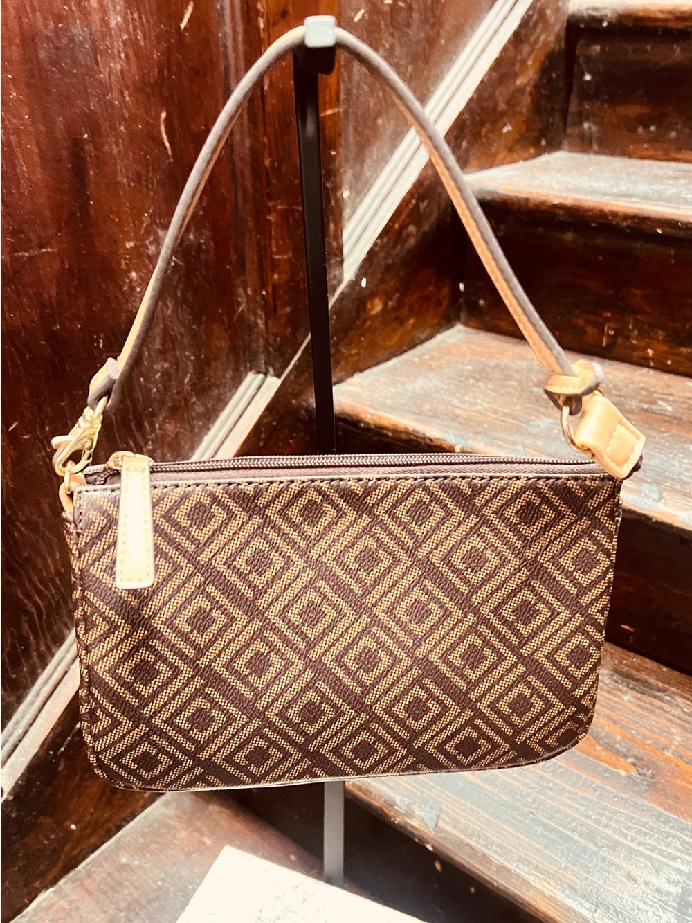 Textured Diamond-Pattern Brown Wristlet Clutch